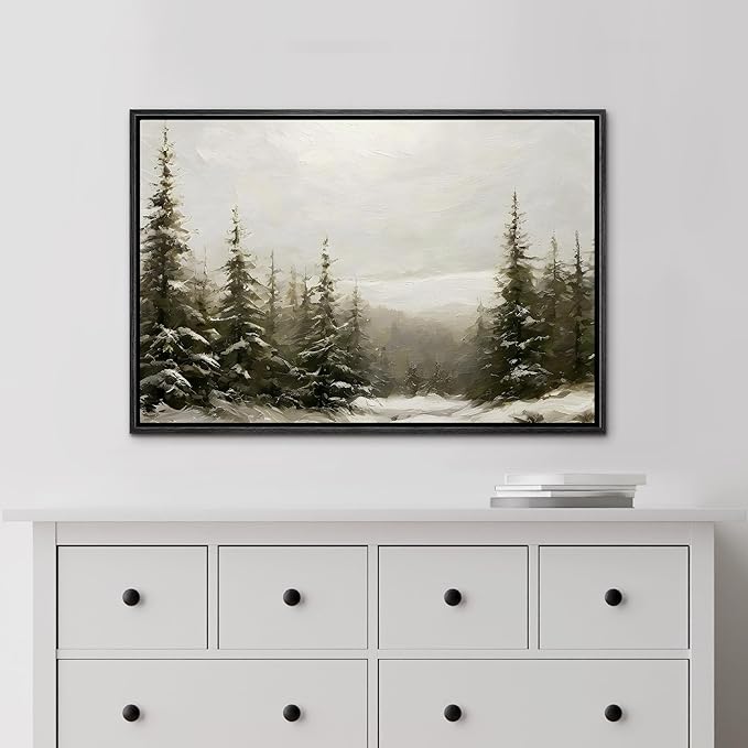 MUDECOR Framed Canvas Print Wall Art Winter Pine Forest Landscape Minimalist Nature Wilderness Antique Retro Fine Art Illustrations Decorative for Bedroom - 16"x24" Black