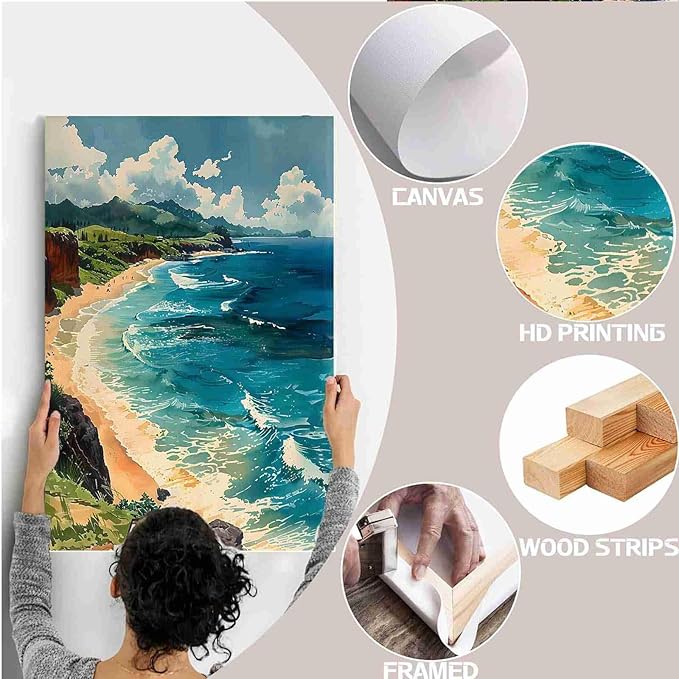 Framed Canva Prints Maui Watercolor Painting Hawaii Wall Art Maui Poster Home Décor Art Lovers Gift Watercolor Print Wall Hanging 24x36in-Framed