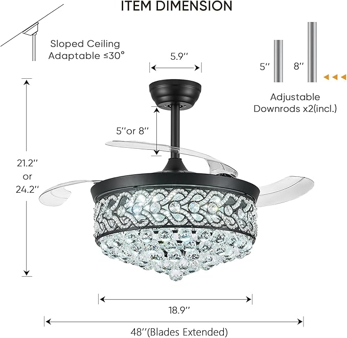 Crystal Fandelier Ceiling Fan with Light, 48" Retractable Ceiling Fans Chandelier Fan with Retractable Blades LED Dimmable Crystal Ceiling Fan Chandelier Fans for Bedroom Living Room etc-Black