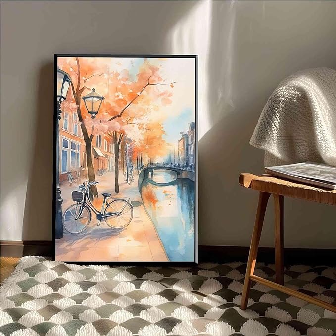 Framed Canvas Prints Amsterdam Canal Bikes Watercolor Painting Netherlands Wall Art Print Amsterdam Cityscape Travel Poster Europe Art Print 16x24in-Black-Metal-Framed
