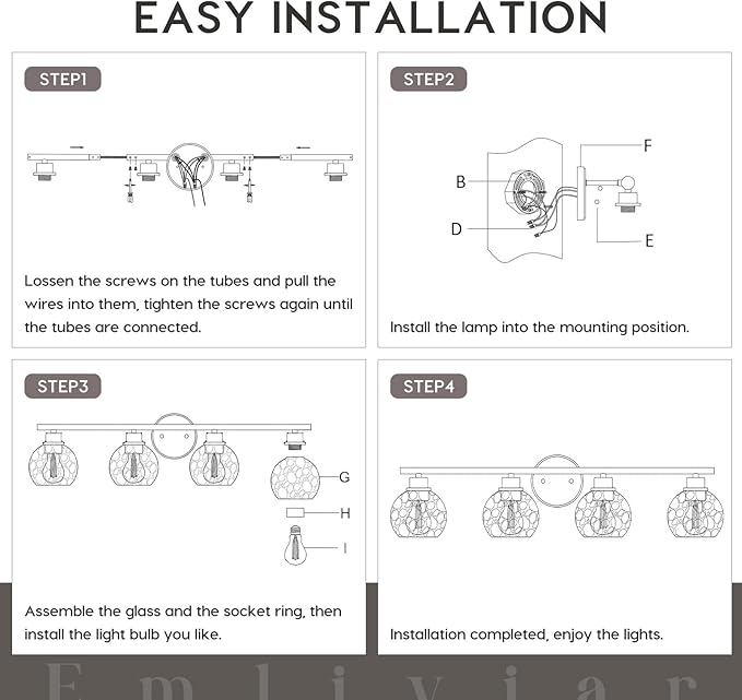 Emliviar 4-Light Vanity Lighting, 32.6" Bathroom Wall Lamp with Water Ripple Globe Glass, Oil Rubbed Bronze Finsh, YE295BG-4W ORB-WG