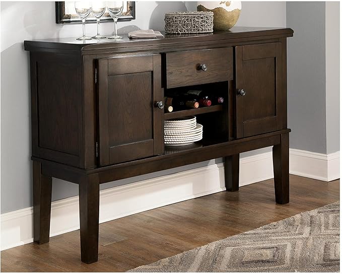 Signature Design by Ashley Haddigan Casual Traditional Dining Room Buffet Cabinet with Wine Rack, Adjustable Shelf, 1 Drawer, Wood, 54" Wide, Dark Brown