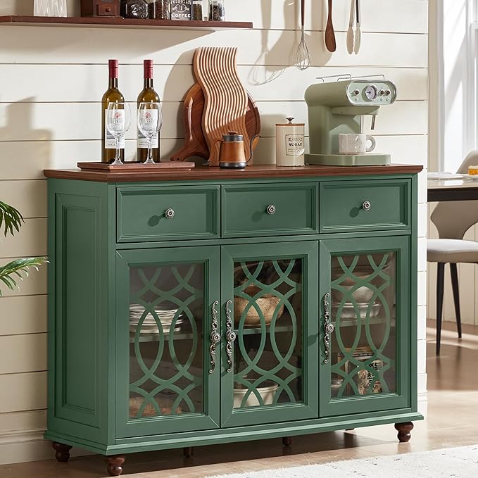 Farmhouse Sideboard Buffet Cabinet with Storage,48" Large Credenza with 3 Glass Doors & 3 Drawers,Adjustable Shelves Console Table,Wood Kitchen Coffee Bar for Dining Room,Living Room,Green