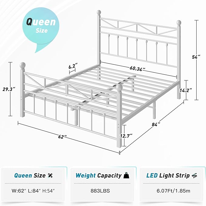 EnHomee Queen Size Metal Platform Bed Frame, 54" Tall Headboard and LED Lights, Victorian Vintage Headboard and Footboard, Under Bed Storage, Heavy Duty Metal Slats & Noise Free, White