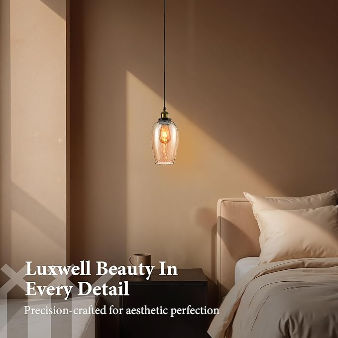 Modern Glass Pendant Light, 6"x9.2" Amber Ribbed Oval Light Fixture with Gold Cap, 15"-72" Adjustable Cord, E26 Socket for Kitchen or Hallway – Sunrise Glow Oval