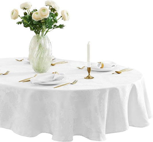 Newbridge Barcelona Luxury Damask Fabric Tablecloth, 60” Wide x 120” Oval, White, 100% Polyester, No Iron, Soil Resistant Dining Room, Party and Banquet Table Cover