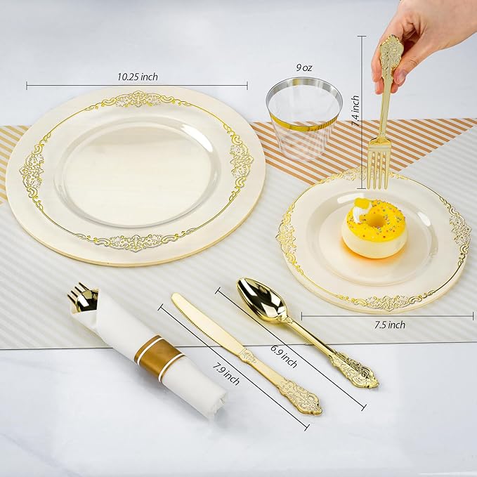 350PCS Clear Plastic Plates for 50 Guests, =Disposable Dinnerware Sets Include 50 Gold Rim Plastic Plates, 25 Silverwares, 25 Cups, and 25 Pre Rolled Napkins for Party, Wedding and Graduation