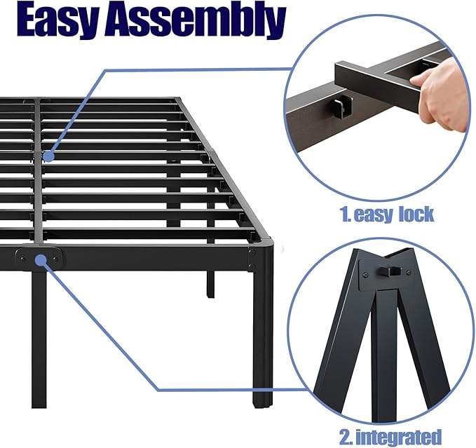 Hunlostten 16" High Queen Bed Frame No Box Spring Needed, Heavy Duty Metal Platform Bed Frame Queen Size with Round Corners, Easy Assembly, Noise Free, Black