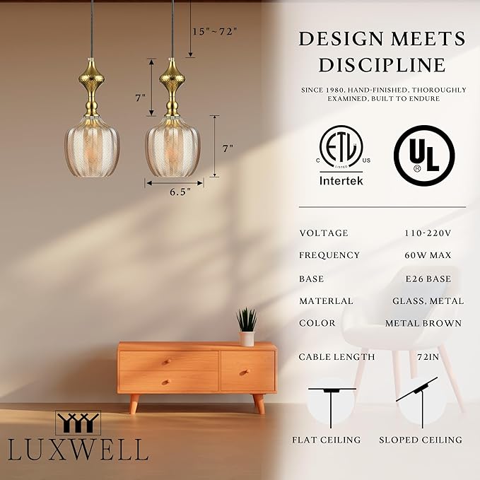 Modern Glass Pendant Light, 6.5"x14" Amber Sunset-Striped Hanging Fixture with Gold Cap, 15"-72" Adjustable Line, E26 Socket for Dining Room or Lounge – Sunset Gold Bordeaux