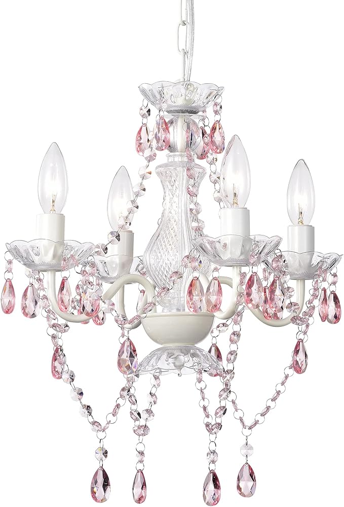 LaLuLa Pink Chandelier White Chandeliers Lighting with Acrylic Crystals Mini 4 Lights Pendant Light for Bedroom and Girls Room