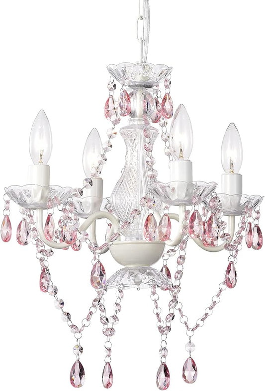 LaLuLa Pink Chandelier White Chandeliers Lighting with Acrylic Crystals Mini 4 Lights Pendant Light for Bedroom and Girls Room