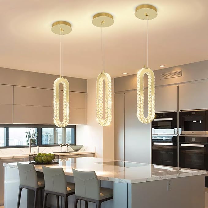 1-Ring Chandelier Gold Modern Pendant Lighting LED Dimmable Hanging Crystal Chandelier for Kitchen Island Foyer Lobby Living Room Staircaes