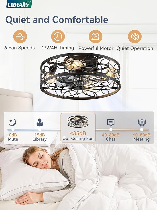 LEDIARY 20 Inch Caged Ceiling Fans with Lights, Black Flush Mount Ceiling Fan with Remote, Low Profile Bladeless Ceiling Fan Light Fixture for Bedroom, Kitchen, Dining Room