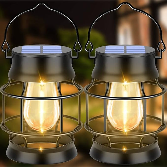 UBright 2 Pack Solar Lantern Lights Outdoor Waterproof Metal Hanging Solar Lights for Outside Retro Design with Edison Bulb Outdoor Lanterns Decorative for Patio Porch Garden Lawn
