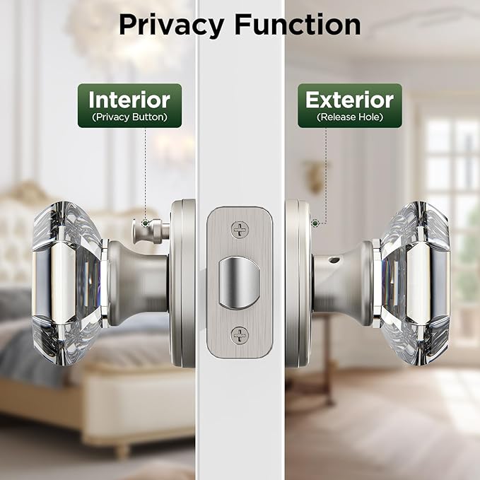 1 Pack Crystal Door Knob, Octagon Shaped Glass Door Knobs Interior with Lock, Satin Nickel Door Knobs Interior Glass