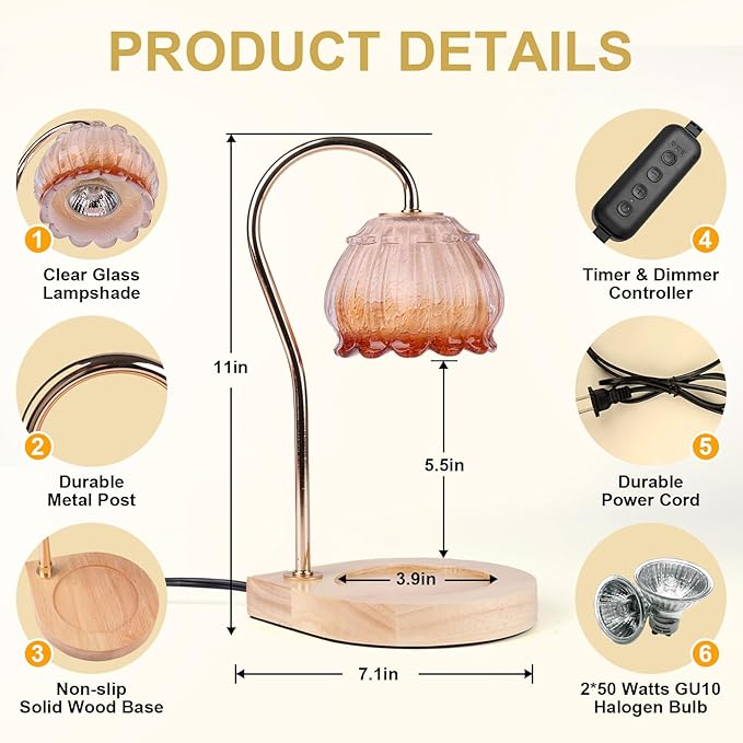 Dimmable Flower Candle Warmer Lamp With Timer, Electric Melter Light, Vintage Lamp, Gift for Women, Home Decor, Cozy House Warming, Coffee