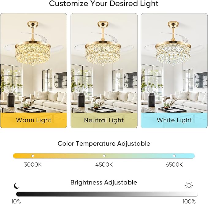 48“ Crystal Fandelier Ceiling Fan with Light, Retractable Ceiling Fans Chandelier Fan with Retractable Blades LED Dimmable Crystal Ceiling Fan Chandelier Fans for Bedroom Living Room-Gold