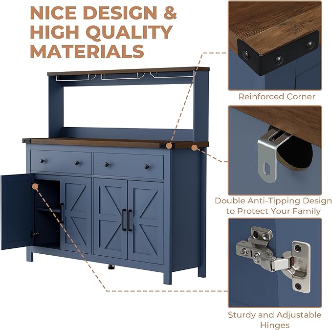 Hutch Storage Buffet Cabinet with Drawers, and Charging Station, Coffee Bar Cabinet with Barn Doors, Wine Rack and Hooks, Blue Wood Sideboard Buffet for Kitchen, Dining Room, 54.1" High