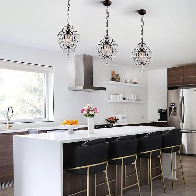 Modern Mini Crystal Chandelier,Iron Bronze Crystal Light Fixtures Ceiling Mount 1 Light Small Chandeliers for Bedroom Elegant Hanging Lighting for Girls Room Dining Room Closet Kitchen Island