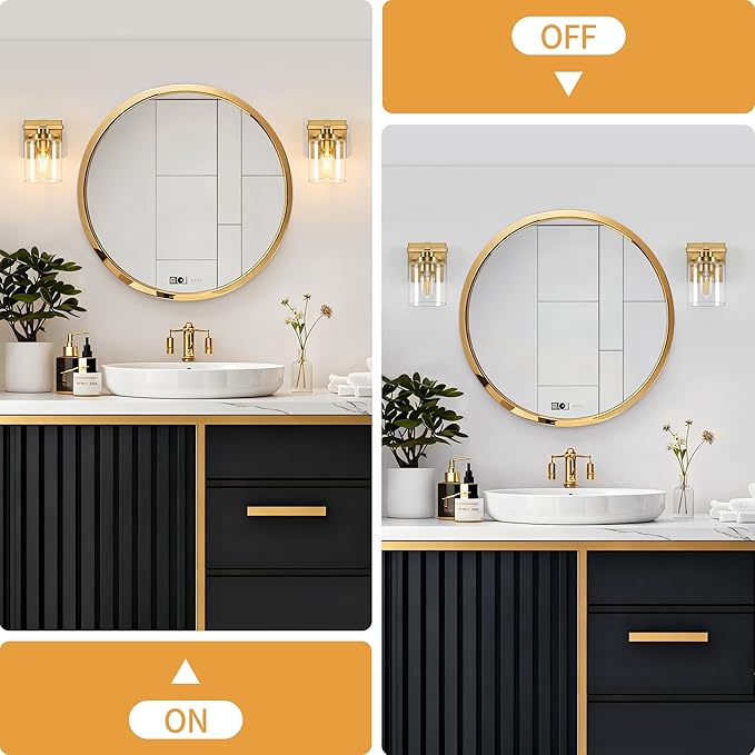 1 Light Modern Bathroom Light Fixtures Over Mirror, Brass Finish Vanity Lights for Bathroom Wall Sconces with Clear Glass Shades, E26 Socket (Bulbs Not Included)