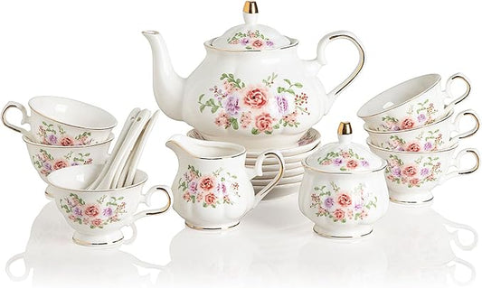 Sweejar Porcelain Tea Sets, Vintage British Floral Relief Gold Rimmed Teapot Cup and Saucer Set, Tea Set Service for 6, with Teapot, Sugar Bowl, Milk Jug, Spoons, Tea Cup and Saucer (Rose Flower)