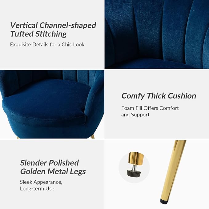 HULALA HOME Modern Velvet Accent Chair with Shell Shaped Back, Cute Living Room Bedroom Armchair with Gold Legs, Comfy Upholstered Vanity Chair for Makeup Room, Navy