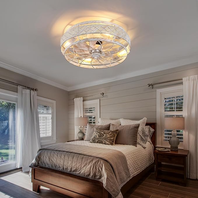 18 Inch Low Profile Caged Ceiling Fans with Lights Remote Control, White Flush Mount Ceiling Fan, Small Bladeless Ceiling Fan Light Fixture For Bedroom, Kitchen, Reversible(Bulbs not Included)