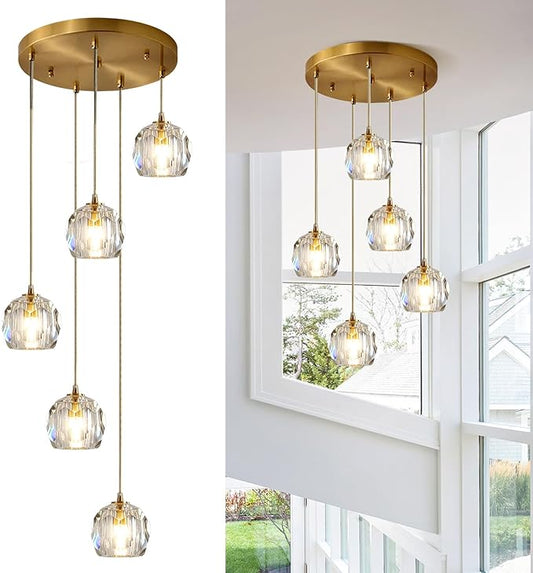 Mid Century 5-Lights Cluster Pendant Lighting Modern Gold Crystal Kitchen Island Pendant Light Multi Light Brass LED Pendant Light Fixture Clear Bubble Round Dining Chandelier