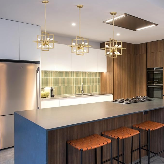 Modern Small Square Gold Chandelier, 8-Light Farmhouse Geometric Pendant Lighting Fixtures, Industrial Lantern Hanging Chandelier for Kitchen Dining Room Foyer Entryway