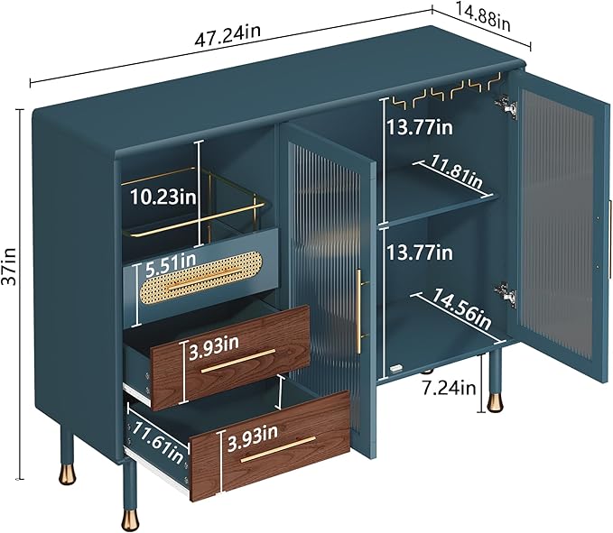 ARTPOWER 48" Coffee Bar Cabinet with Wine Racks and Drawers, Modern Buffet Sideboard with Pull-Out Wine Storage, Liquor Bar Cart for Kitchen, Dining Room, Living Room (Blue)