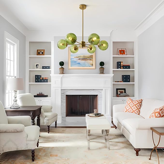 KCO Lighting 6-Light Green Glass Ceiling Pendant Light Modern Globe Semi Flush Mount Ceiling Chandelier Vintage Brass Gold Sputnik Chandelier Lighting for Kitchen Living Room Dining Room