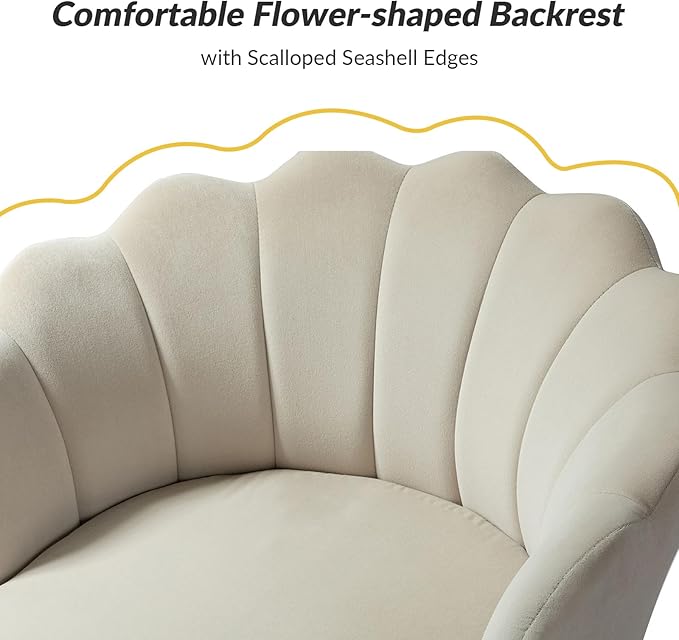 HULALA HOME Modern Velvet Accent Chairs Set of 2 with Shell Shaped Back, Cute Living Room Bedroom Armchairs with Gold Legs, Comfy Upholstered Vanity Chairs for Makeup Room, Tan