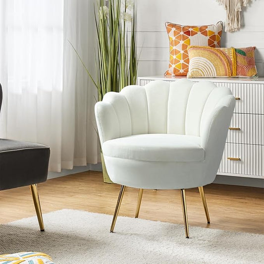 HULALA HOME Modern Velvet Accent Chair with Shell Shaped Back, Cute Living Room Bedroom Armchair with Gold Legs, Comfy Upholstered Vanity Chair for Makeup Room, Ivory