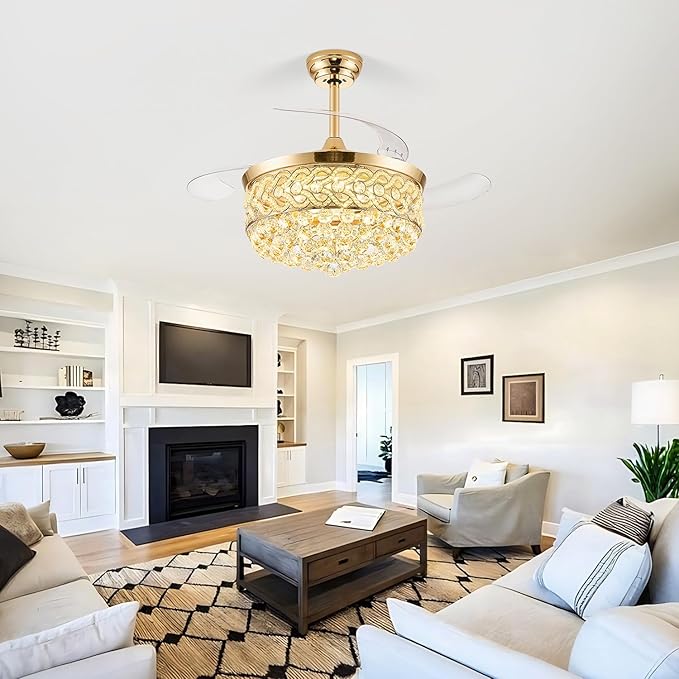 42" Gold Fandelier Ceiling Fan with Light, Crystal Chandelier with Fan Retractable Ceiling Fan with Lights and Remote LED Dimmable Chandelier Fans for Bedroom Living Room Dinning Room Kitchen