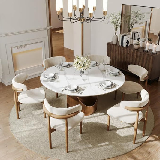 POVISON Round Dining Table, 59" Matte White Sintered Stone Top Dining Table with Bronze Carbon Steel Pedestal, Modern Dining Room Table for Kitchen, Living Room (Table Only)