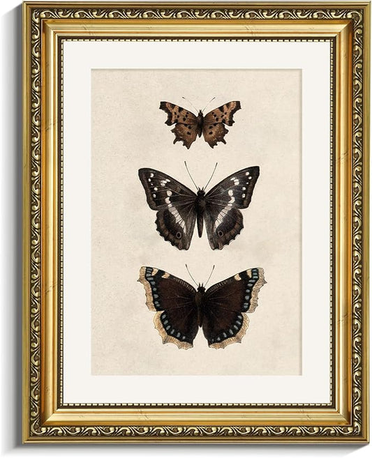 VIYYIEA Vintage Gold Framed Butterfly Wall Art, Bedroom Bathroom Shelf Retro Butterfly Illustration Room Decor, Canvas Prints, Antique Picture Frame Paintings Home Farmhouse Wall Decor, 11x14 Inch