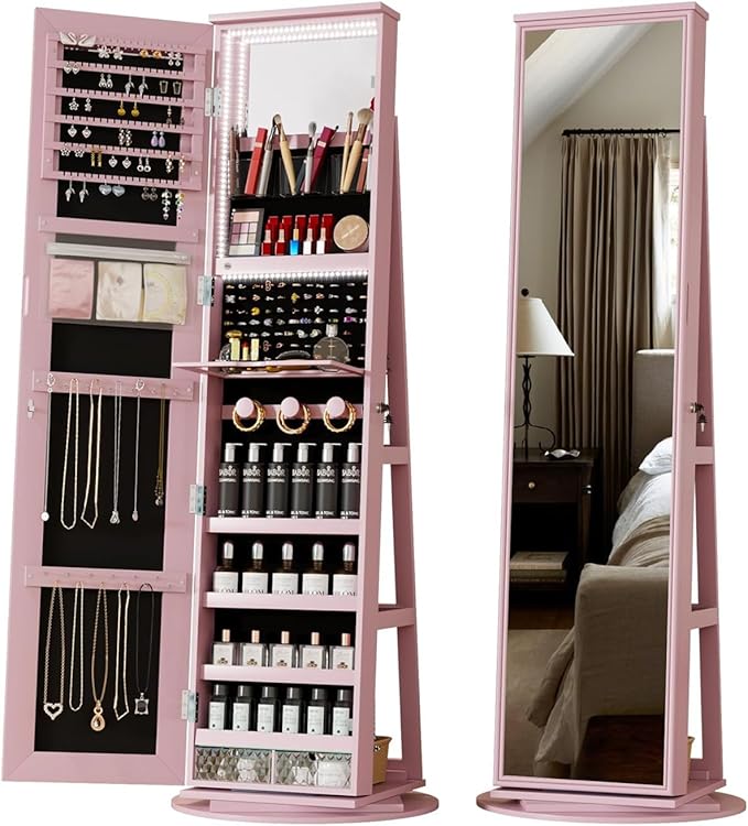 LVSOMT LED Mirror Jewelry Cabinet Standing, 360° Swivel Jewelry Organizers and Storage, Farmhouse Mirror with Jewelry Storage, Lighted Jewelry Armoire with Full Length Mirror (Pink)