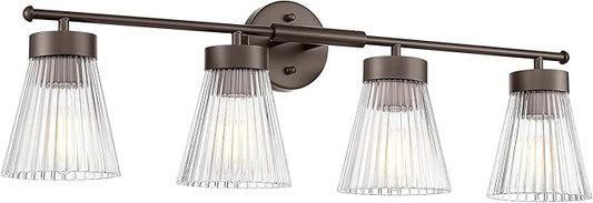 4-Light Bathroom Vanity Light, HWH Oil-Rubbed Bronze Bathroom Light Fixtures Farmhouse Vanity Lamp Over Mirror with Clear Striped Glass Shade, 5HZG97B-4W ORB