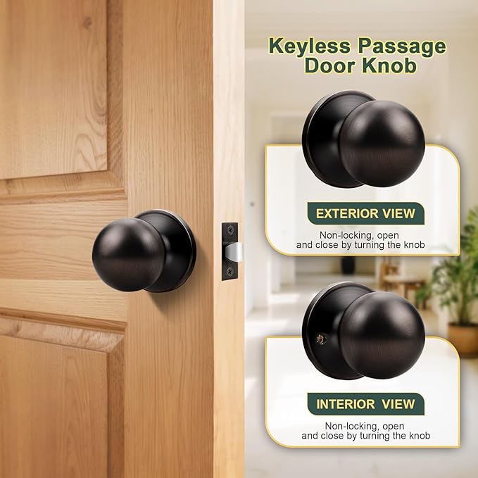 1 Pack Door Knobs Interior, Keyless Antique Door Knobs for Closet and Passage, Oil Rubbed Bronze Door Knob, Vintage Round Ball Design and Durable Finish