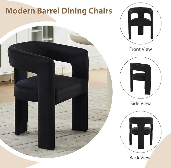 Modern Barrel Dining Chairs Set of 4, No Assembly Velvet Upholstered Dining Room Chairs with Open Back and 3 Legs, Comfy Accent Armchairs for Living Room/Bedroom/Kitchen/Reading, Black