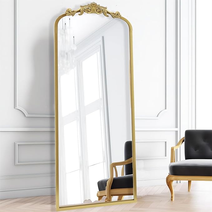 Vintage Gold Antique Arched Full Length Floor Mirror 22"X65",Traditional Elegant Baroque Floor Body Mirror with Ornate Matel Frame, French Wall Mirror for Dressing/Living Room/Hallway