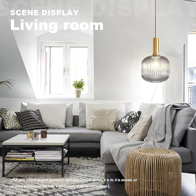 Plug in Pendant Lights for Ceiling, Smoke Gray Glass Pendant Light with Plug in Cord 14.75Ft, Industrial Hanging Lamp Modern Plug in Hanging Light for Living Room Bedroom Kitchen