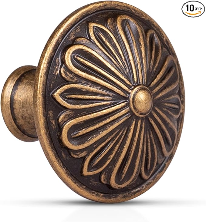 Antique Brass Cabinet Knobs Handles 10 Pack,Solid Zinc Alloy 1.4"Dia Round,Vintage Brass Kitchen Cabinet Handles for Cabinets and Drawers,Drawer Knobs Pulls Vintage Dresser Knobs Closet Door Knobs