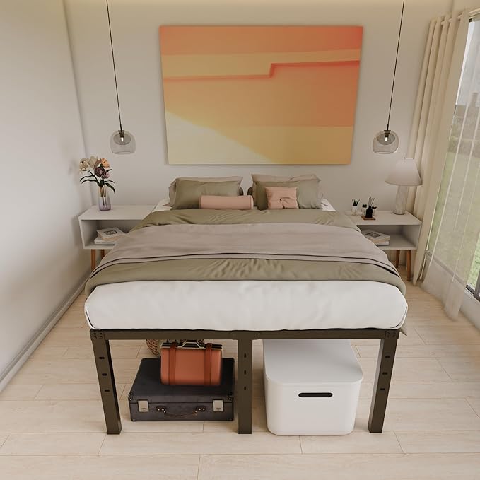 20 Inch Queen Size Bed Frame, No Box Spring Needed, Heavy Duty Black Metal Platform Mattress Foundation with Steel Slats, Non-Slip Noise Free Easy Assembly, Large Storage