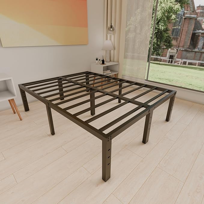 16 Inch King Size Bed Frame - No Box Spring Needed Heavy Duty Black Metal Platform Mattress Foundation, Non-Slip Noise Free Easy Assembly Steel Slats Bedframes with Cleance Storage