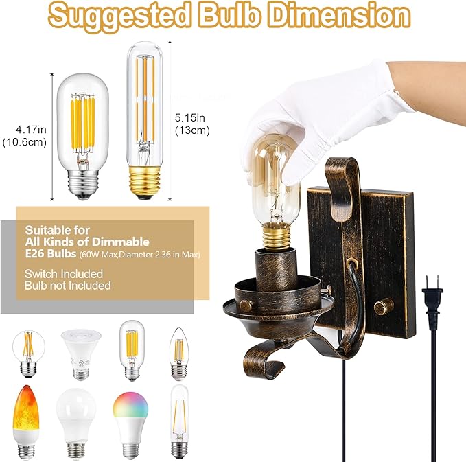 Yisuro Plug in Wall Sconce,Oil Rubbed Bronze Wall Sconces,Retro Rustic Wall Lamps,Sconces Wall Lighting with Amber Glass,Indoor Vintage Bedside Wall Lighting for Living Room Bathroom