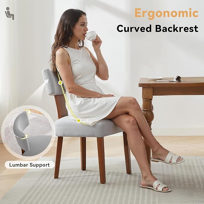 FOXHUNTER Upholstered Dining Chairs Set of 6, Modern Wooden Armless Kitchen Chairs with Curved Backrest, Mid-Century Farmhouse Dining Side Chairs, Linen Gray