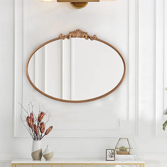 Oval Gold Mirror for Bathroom Vanity, Baroque Ornate Vintage Wall Mirror with Large Rounded Metal Frame, Decorative Antique Brass Mirror for Bedroom, Dresser, Entryway (Gold, 24”x 35.5" x1.2")
