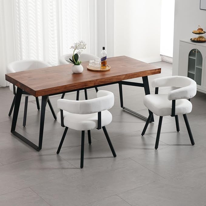 LukeAlon Chenille Dining Chairs Set of 6, Simple Upholstered Side Chair with Padded Open Barrel Back Modern Guest Chair Home Office Desk Chair with Black Metal Legs for Kitchen Dining Room, White