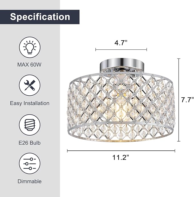 Chrome Crystal Ceiling Light Fixture,Modern Semi Flush Mount Ceiling Lighting Fixture,Round Small Chandelier for Dining Room, Hallway, Entryway, Kitchen, Bedroom,Foyer,1 Light,11.2 inch